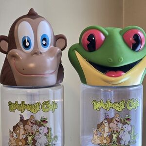 Rainforest Cafe Frog & Monkey Travel Cup Water Bottles With Souvenir Drink Snack